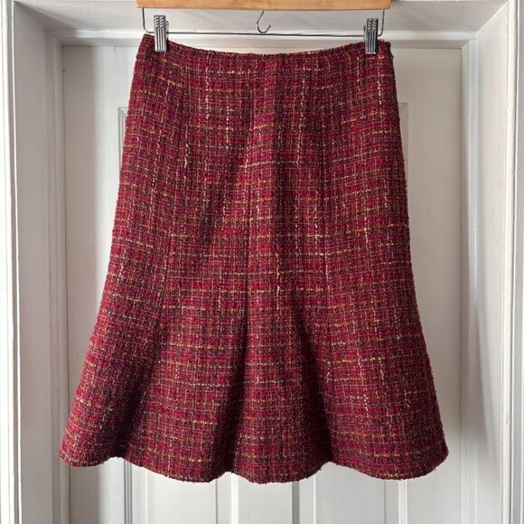 Lafayette 148 New York Tweed Midi Skirt Red Purple Flounce Hem Size 4 - Picture 1 of 12